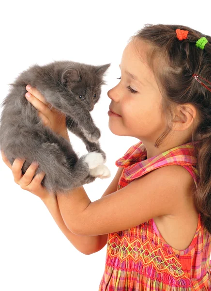 Kleines Mädchen Mit Grauer Miezekatze Den Händen Isoliert Auf Weiß — Stockfoto