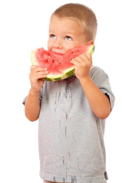 Kleine Jongen Een Plakje Watermeloen Studio Schieten Eten — Stockfoto
