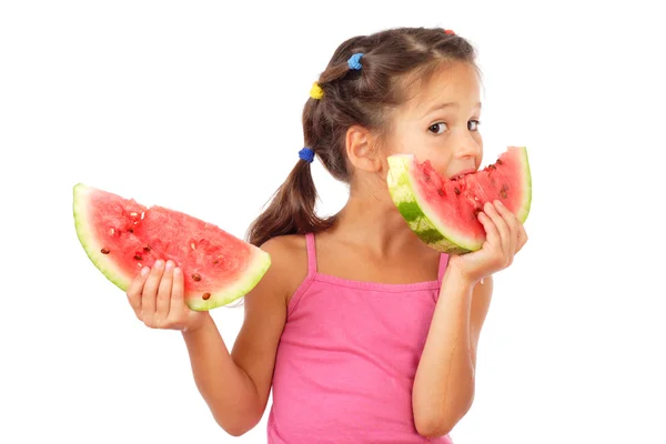 Little Girl Eating Two Slices Watermelon Studio Shoot — Stock Photo, Image