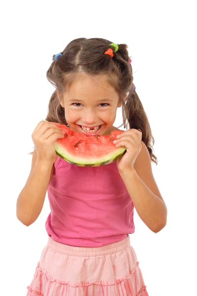 Glimlachend Meisje Eten Watermeloen Studio Shoot — Stockfoto