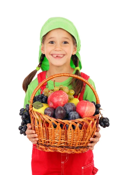 Menina Com Cesta Frutas Isolado Branco — Fotografia de Stock