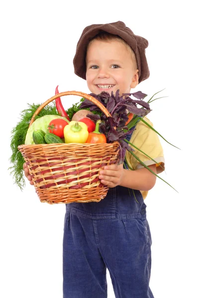 Μικρό Αγόρι Καλάθι Λαχανικά Που Απομονώνονται Λευκό — Φωτογραφία Αρχείου