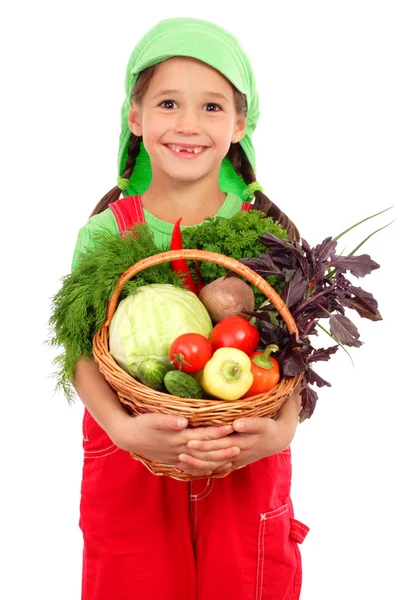 Κοριτσάκι Καλάθι Λαχανικά Που Απομονώνονται Λευκό — Φωτογραφία Αρχείου