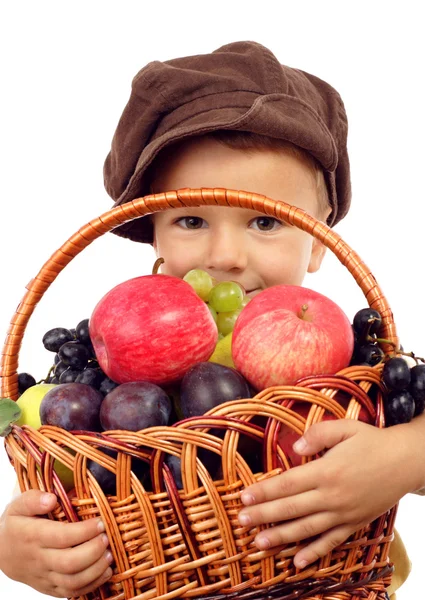 Little Boy Basket Fruits Isolated White — Stock Photo, Image