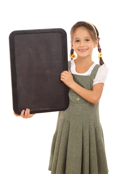 Little Schoolgirl Empty Vertical Chalkboard Isolated White — Stock Photo, Image