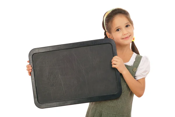 Kleines Schulmädchen Mit Leerer Tafel Waagerecht Isoliert Auf Weiß — Stockfoto