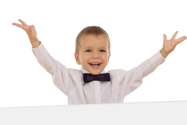 Szczęśliwy Chłopczyk Pusty Transparent Ręce Wysoko Białym Tle — Zdjęcie stockowe