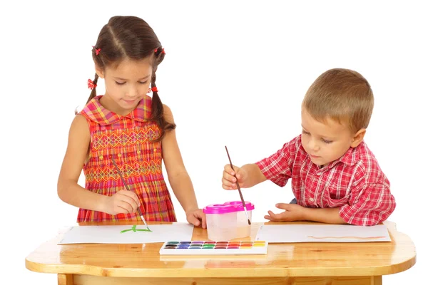 Små Barn Med Akvareller Isolerad Vit — Stockfoto