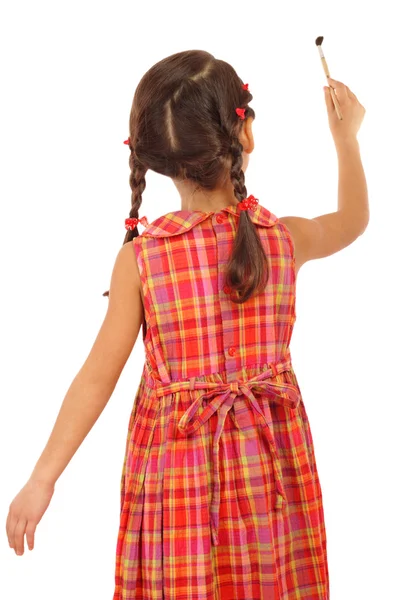Kleines Mädchen Mit Pinsel Rückansicht Isoliert Auf Weiß — Stockfoto