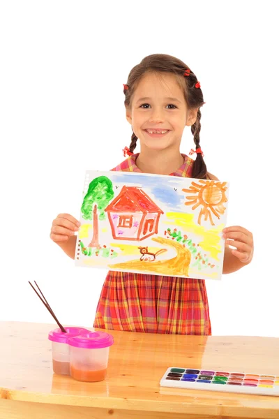 Lächelndes Kleines Mädchen Mit Aquarellmalerei Isoliert Auf Weiß — Stockfoto