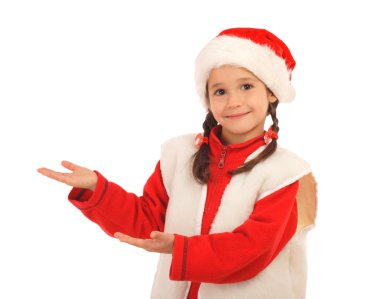 Little girl in Christmas hat with an empty hands, isolated on white clipart