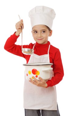 Smiling little chief-cooker with ladle and pot, isolated on white clipart