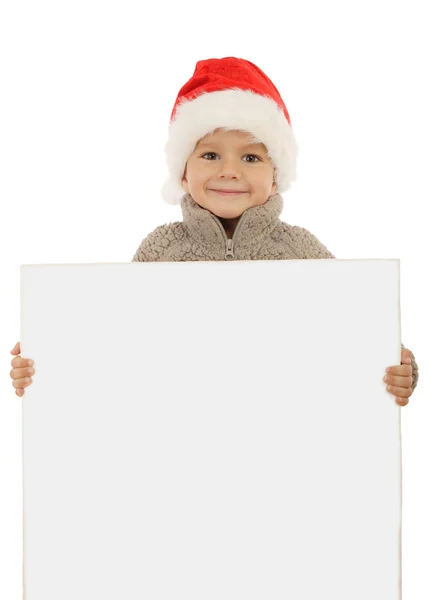 Kleiner Junge Mit Weihnachtsmütze Und Leerem Banner Isoliert Auf Weiß — Stockfoto