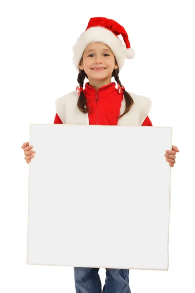 Bambina Col Cappello Natale Con Striscione Vuoto Isolata Bianco — Foto Stock