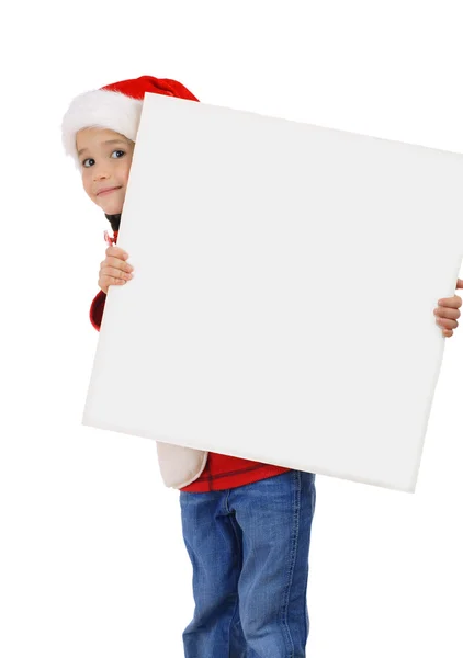 Kleines Mädchen Mit Weihnachtsmütze Und Leerem Banner Isoliert Auf Weiß — Stockfoto