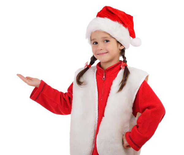 Little girl in Christmas hat with an empty hand — Stock Photo, Image