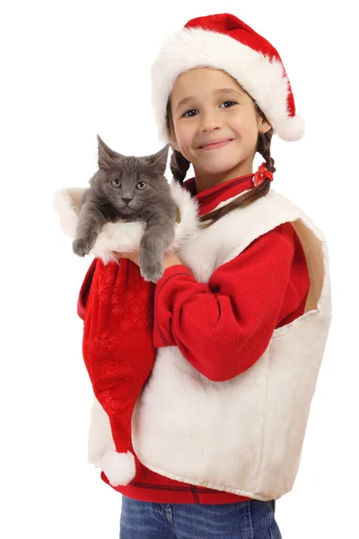 Menina Chapéu Natal Com Gatinho Cinza Isolado Branco — Fotografia de Stock