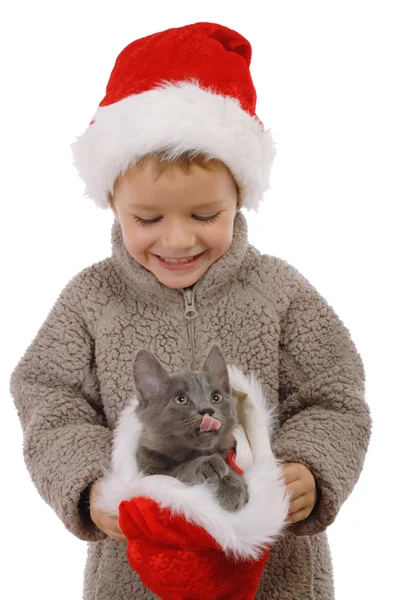 Little Boy Christmas Hat Gray Kitty Isolated White — Stock Photo, Image