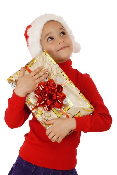 Niña soñadora con caja de regalo de Navidad amarilla —  Fotos de Stock
