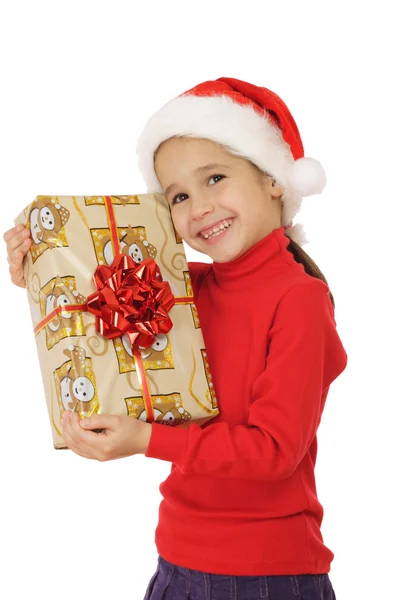 Sarı Noel hediye kutusu ile küçük kız gülümseyerek — Stok fotoğraf