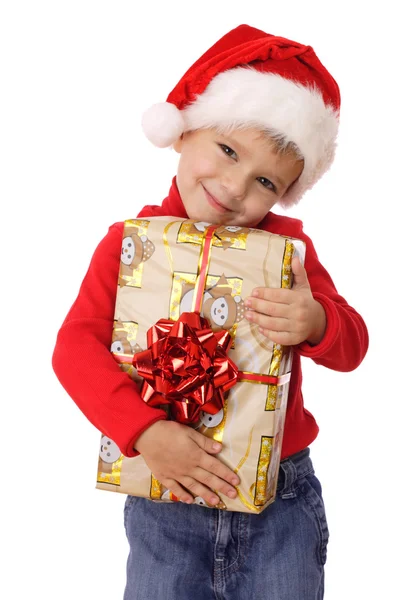 Smiling Little Boy Yellow Christmas Gift Box — Stock Photo, Image