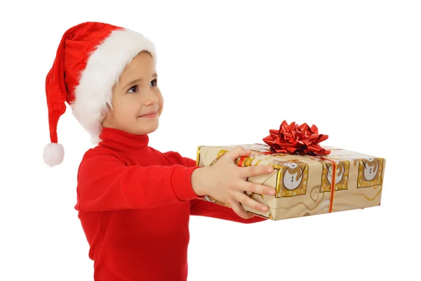 Kleines Mädchen Erhält Gelbe Weihnachtsgeschenkschachtel Isoliert Auf Weiß — Stockfoto