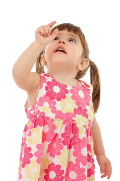Kleines Mädchen Mit Leerer Zeigehand Isoliert Auf Weiß — Stockfoto