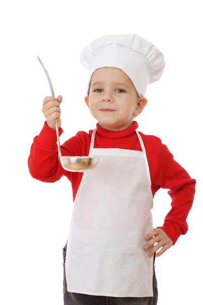 Pequeno fogão-chefe sorridente com concha — Fotografia de Stock