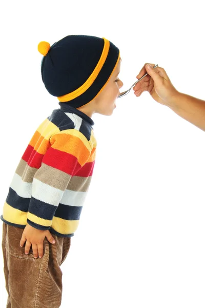 Little Open Mouthed Boy Sweater Spoon Held Adult Person Hand — Stock Photo, Image