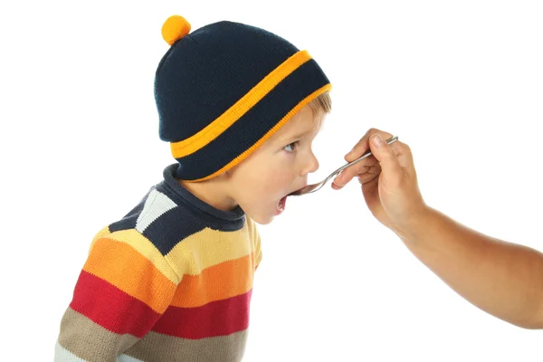 Little Open Mouthed Boy Sweater Spoon Held Adult Person Hand — Stock Photo, Image