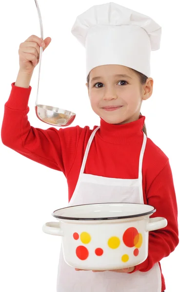 Pequeño jefe de cocina sonriente con cucharón y olla — Foto de Stock
