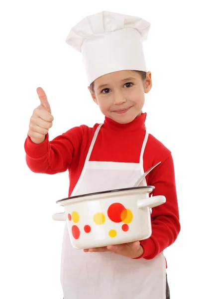 小首席 带炊具竖起大拇指和锅 孤立在白色 — 图库照片