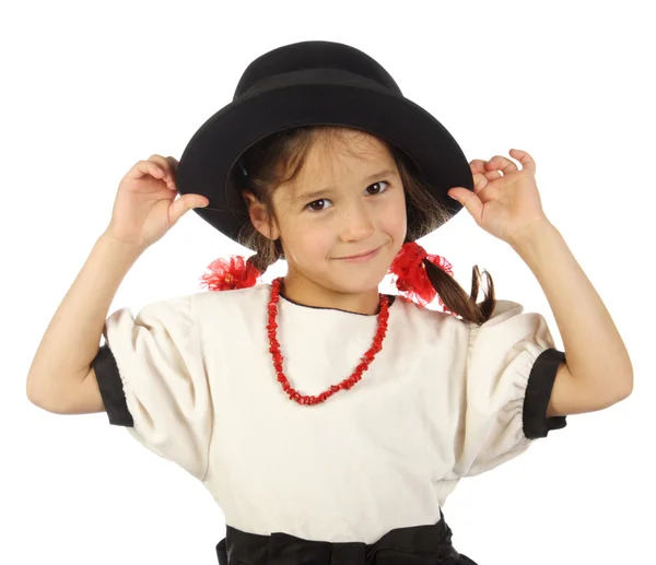 Petite Fille Souriante Avec Grand Chapeau Perles Rouges — Photo