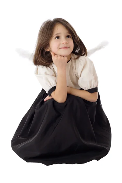 Dreaming Little Girl Angel Wings Isolated White — Stock Photo, Image