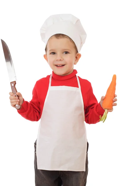 Kleiner Chefkocher Mit Küchenmesser Und Karotte Isoliert Auf Weiß — Stockfoto
