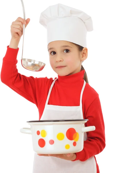 Pequeno fogão-chefe com concha e panela — Fotografia de Stock