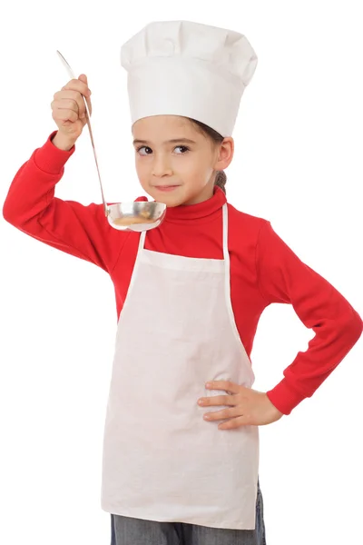 Pequeno fogão-chefe sorridente com concha — Fotografia de Stock
