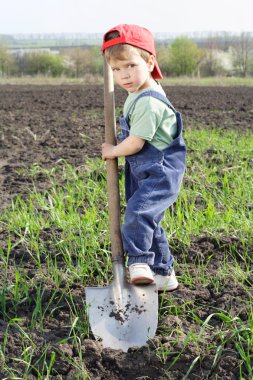 Little boy to dig on field with big shovel clipart