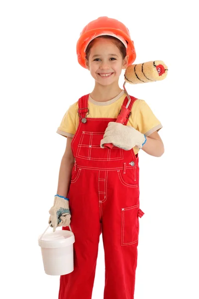 Little smiling builder in coveralls with paintroller and can — Stock Photo, Image