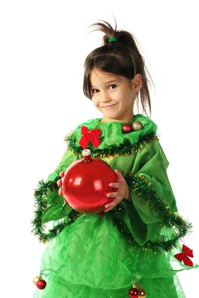 Dziewczynka Uśmiechający Się Kostium Zielonej Choinki Czerwonym Świątecznych Dekoracji — Zdjęcie stockowe