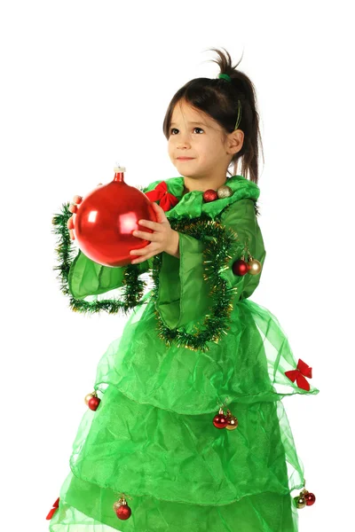 Χαμογελαστά κοριτσάκι στο κοστούμι πράσινο χριστουγεννιάτικο δέντρο — Φωτογραφία Αρχείου