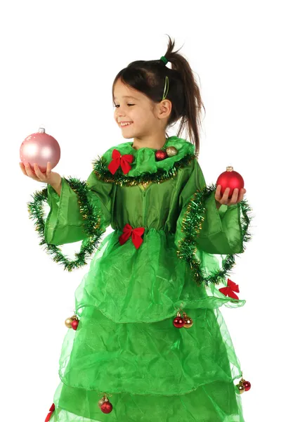 Ragazza Sorridente Costume Verde Albero Natale Con Due Decorazioni Natalizie — Foto Stock