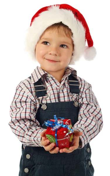 Smiling little boy with little Christmas gift box — Stock Photo, Image