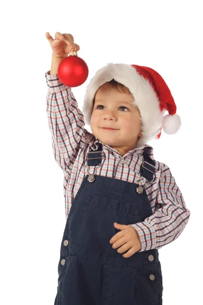 クリスマスの装飾と小さな男の子の笑みを浮かべて 白で隔離されます — ストック写真
