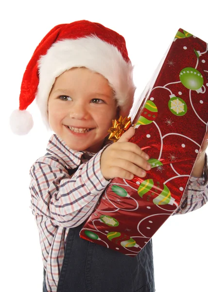 Mosolygós kisfiú karácsonyi ajándék doboz — Stock Fotó