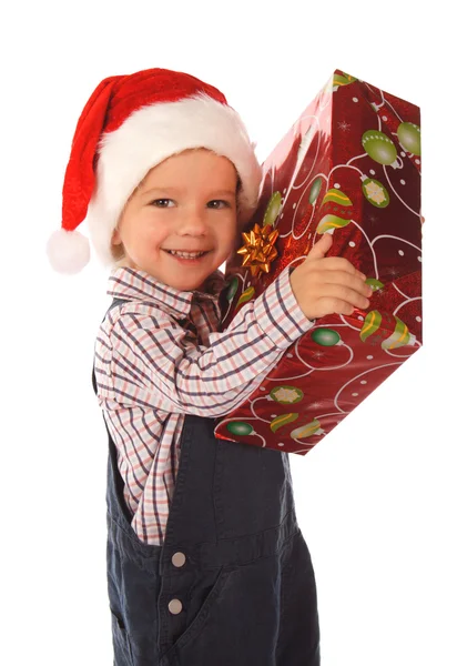 Smiling little boy with Christmas gift box — Stock Photo, Image
