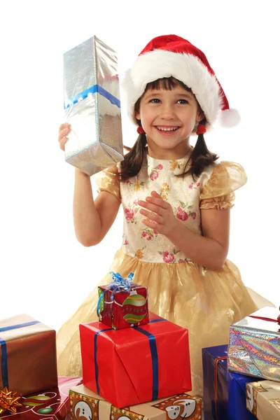 Menina Sorridente Com Caixas Presente Natal — Fotografia de Stock