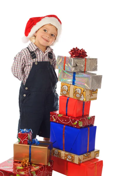 Χαμογελώντας Αγοράκι Κουτιά Δώρων Χριστουγέννων — Φωτογραφία Αρχείου