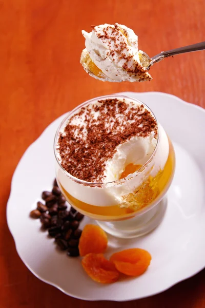 Multilayer gelatin dessert on the spoon — Stock Photo, Image