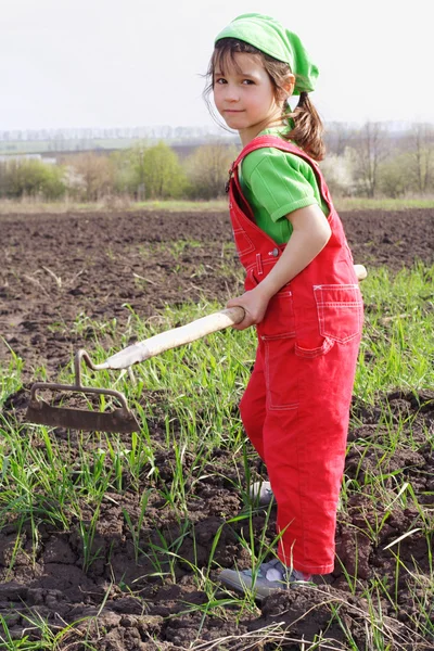 Little Girl Field Chopper Tool Looking Camera — Stock Photo, Image